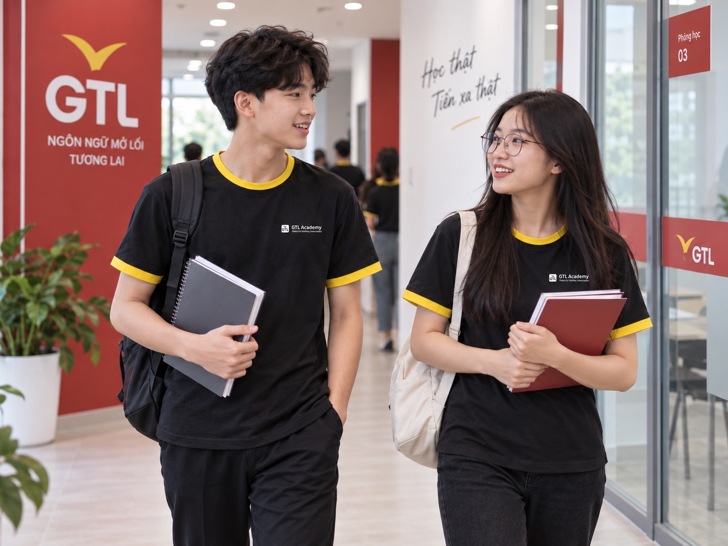 Học viên GTL Academy trò chuyện ở hành lang trung tâm
