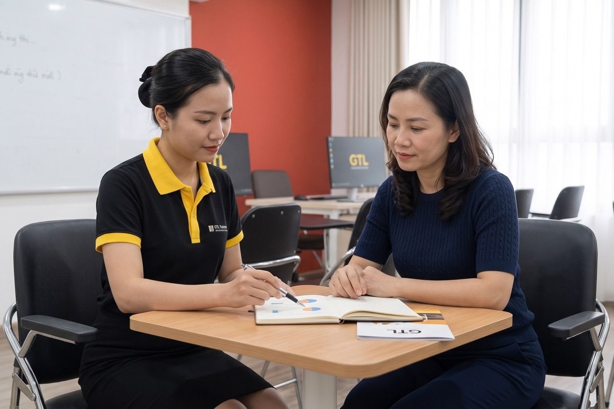 Tư vấn viên trao đổi tiến độ học tập với phụ huynh